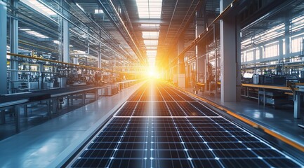 Bright Sunlight in a Modern Factory with Solar Panels on the Floor
