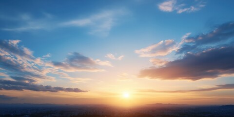 Obraz premium A captivating sunset casts vibrant colors over a sprawling cityscape, where dramatic clouds dance across the sky, inviting viewers into the tranquil beauty of the evening.