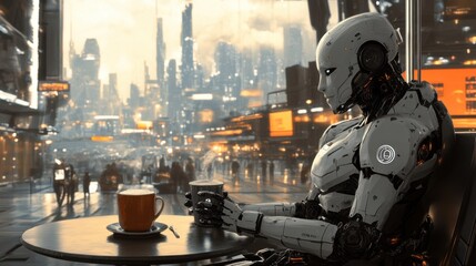 Robot Sitting at Cafe Table with Coffee, Futuristic Cityscape Background