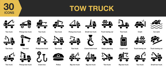 Tow Truck solid icon set. Includes highway, car, tow, help, rescue, truck, and More. Solid icons vector collection.