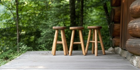 Three rustic wooden stools stand on a porch amidst tall trees, creating a charming outdoor space perfect for relaxation and enjoying nature's embrace.