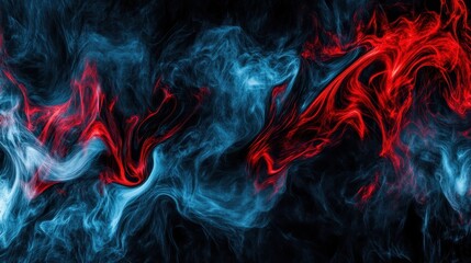 Fototapeta premium Abstract artwork features flowing blue and red smoke on black background
