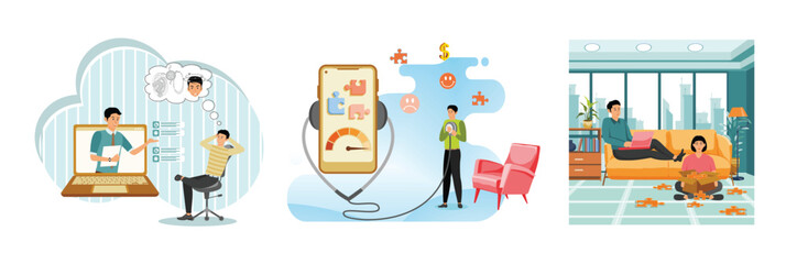 Online consultation mental health.  Mental Health App Therapy. Work in Modern Living Room.