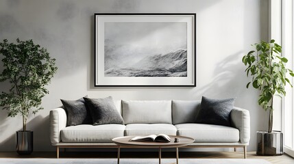 Modern Interior Space with a Clean White Poster Frame Hanging Above a Stylish Couch and Natural Green Decor