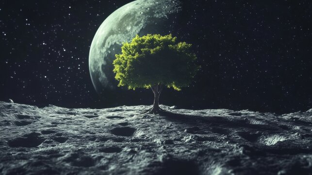 Tree on Cratered Surface with Moon and Stars