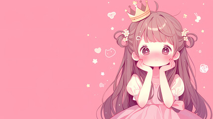 Cute anime girl with a crown and pink dress, sitting against a soft pink background with hearts