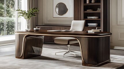 Contemporary Minimalist Home Office with Elegant Wooden Desk and Modern Décor Elements