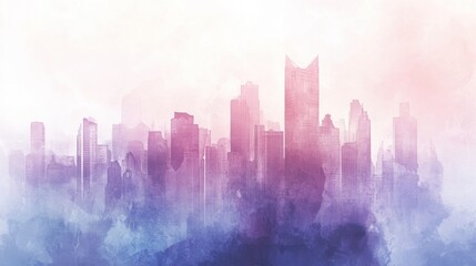 Fototapeta premium Watercolor Skyline with Buildings, Pink to Blue Gradient