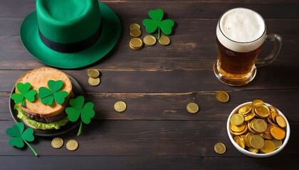 St. Patrick's Day party! We’ll have refreshing Irish beers and ales, tasty bites, and a fun green burger, all set up on a charming wooden bar table.