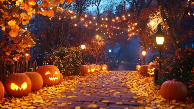 A magical autumn scene featuring a pathway lined with glowing jack-o'-lanterns, fallen leaves, and warm string lights. The festive atmosphere, combined with soft bokeh lighting and an eerie yet cozy 