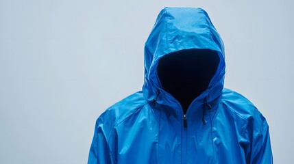 Mystery in Blue: An enigmatic figure, cloaked in a vibrant blue raincoat, is engulfed in shadow, a symbol of anonymity and the unknown. 