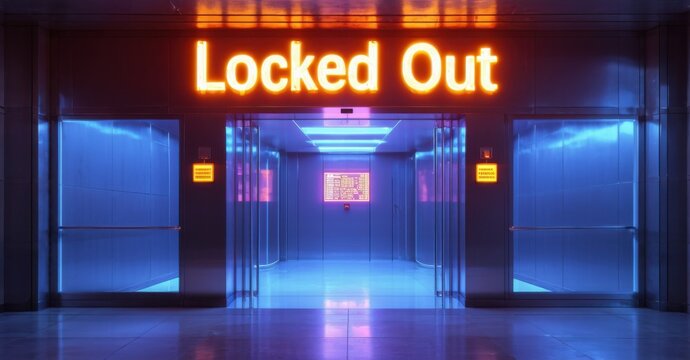 Naklejki Neon sign locked warm tangerine cool sapphire glowing entrance of ultra modern data fortress smooth mirrored walls