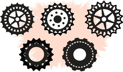 Industrial profiled wheel with teeth that engages with a chain. Repair, Optimizing and Workflow Concept. Hand drawn gear and bicycle stars. 