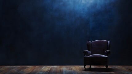 Dark Blue Wall and Vintage Chair Interior Scene Perfect for Cozy Atmosphere or Artistic Background