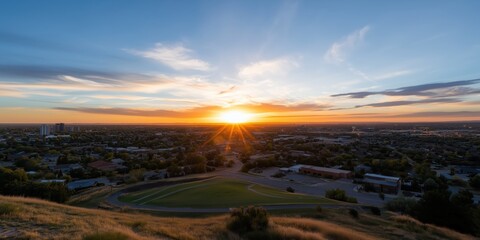 Fototapeta premium A breathtaking urban sunset illuminates the cityscape with vibrant colors, showcasing the dynamic balance between nature and urban life during twilight.