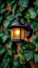 Illuminated Wall Lamp Fixture with Green Ivy Vines Decorating an Exterior Residence Wall