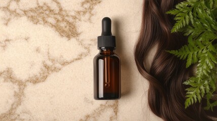 Amber Dropper Bottle with Hair and Fresh Green Fern on Marble