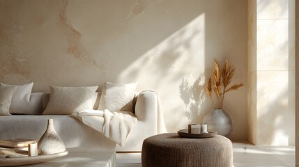 Cozy Haven of Tranquility with Beige Walls and Plush Seating Under Soft Natural Light