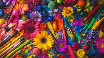 colorful paintbrushes crayons and vibrant flowers. International Color Day 