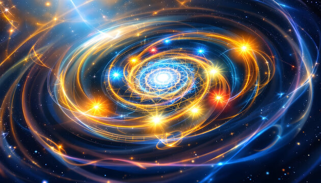 Cosmic Energy Swirl with Glowing Particles and Galactic Light