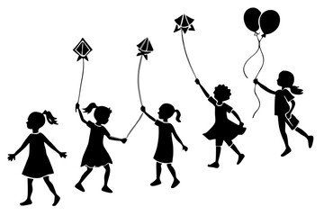 Kids Flying Kites Silhouette vector illustration
