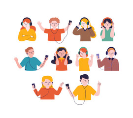 A vibrant collection of illustrations featuring people happily listening to music with headphones, for music apps, festival posters, and entertainment-themed designs