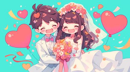 Joyful cartoon couple celebrating their wedding with colorful balloons and flower bouquet in a vibrant setting