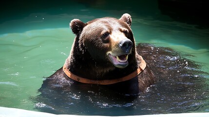 Fototapeta premium Brown Bear Swimming in Clear Water with Content Expression
