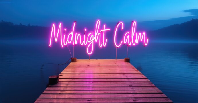 Naklejki Neon sign midnight calm softly glowing warm fuchsia electric indigo lighting floating wooden dock middle of silent lake