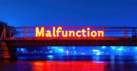 Obraz premium Neon sign malfunction glowing orange high energy blue mounted steel bridge river reflecting signs cityscape
