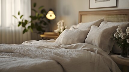 Cozy and Meticulously Rendered 3D Scene of a Serene Bedroom with Soft Textiles and Gentle Lighting