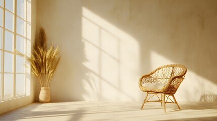 Serene Minimalist Bohemian Retreat Bathed in Warm Natural Sunlight with a Cozy Chair and Decorative Plants