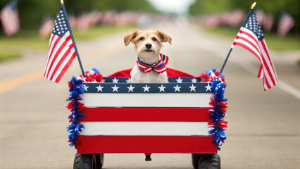 4th of July Animal. Dog in a decorated wagon with American flags celebrating patriotism.