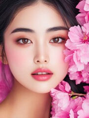 Naklejka premium Graceful woman surrounded by delicate pink flowers creating a dreamy and romantic atmosphere