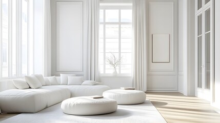 Minimalist Living Room with Plush Seating and Soft Natural Light in a White-Walled Space