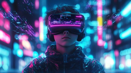 gamer wearing a headset in a futuristic digital background. International Virtual Reality Day. World Internet Day