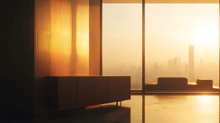 Serene Minimalist Interior Bathed in Muted Light with Urban View at Sunset