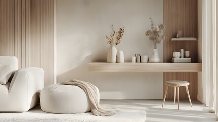 Serene Minimalist Interior Featuring Soft White Light and Natural Elements for a Cozy Haven