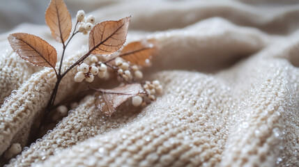 Obraz premium Dewy Gideon's Fleece on Soft Wool: A Serene Morning Still Life with Copy Space