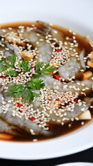 shrimp in soy sauce on white plate, korean style menu