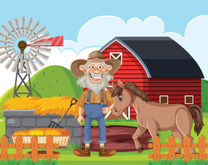 Happy Farmer with Horse on Farm