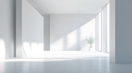 Fototapeta premium Pristine Minimalist Interior Space with Natural Light and Potted Plant in White Color Scheme
