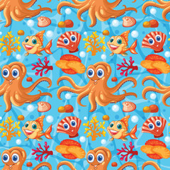 Obraz premium Colorful Underwater Creatures Seamless Pattern