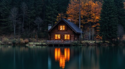 Fototapeta premium Cozy Wooden Cabin by Serene Lake Surrounded by Autumn Forest