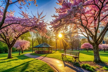 Obraz premium Early Spring Park Photography: Blossoms, Greenery, Sunlight, Architecture