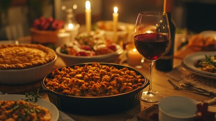 Fototapeta premium Thanksgiving table with traditional dishes wine and candles festive family feast