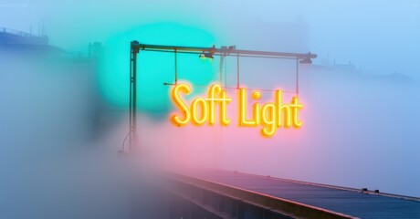 Neon sign soft light muted teal pastel yellow floating empty bridge stretching thick fog creating mysterious stillness