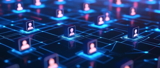 Obraz premium 3D global communication network with glowing interconnected nodes and blue interface