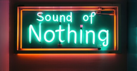 Neon sign sound of nothing softly glowing pastel jade vibrant coral illuminating isolated mountain temple early morning light