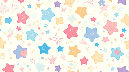 Colorful whimsical pattern of smiling stars and shapes on a light background, ideal for children's decor